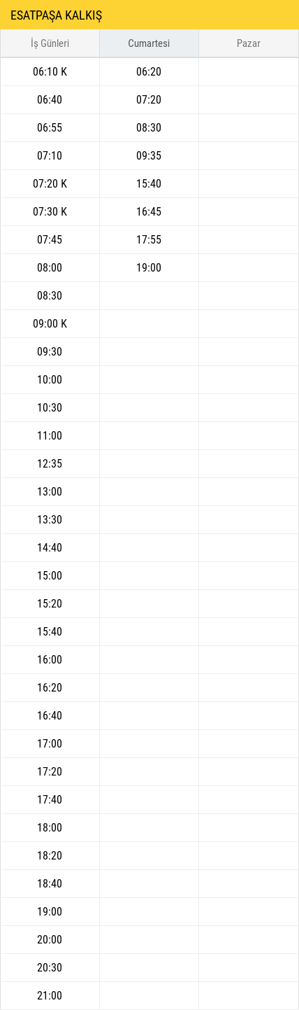 Esatpaşa Kalkış Saatleri
