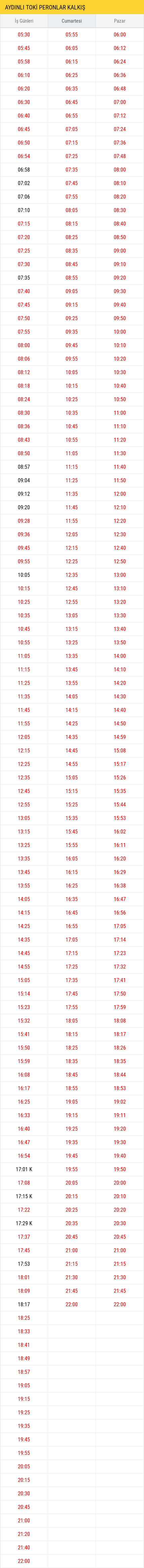 KM11 Aydınlı TOKİ Peronlar Kalkış Saatleri