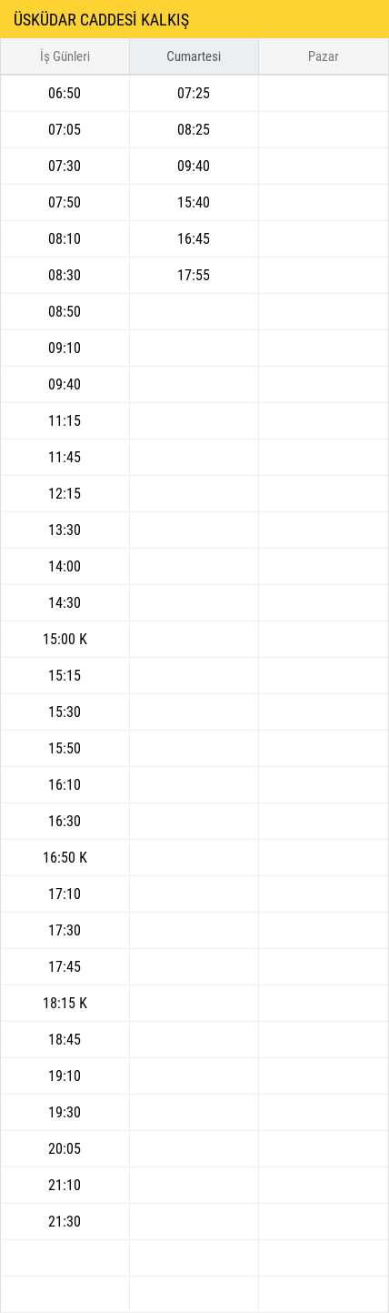 Üsküdar Caddesi Kalkış Saatleri