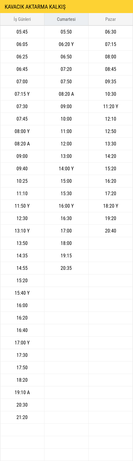 Kavacık Aktarma Kalkış Saatleri