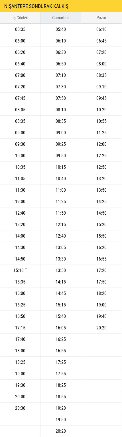 Nişantepe Son durak kalkış saatleri