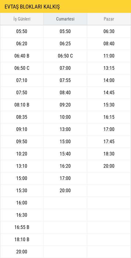 Evtaş Blokları Kalkış Saatleri